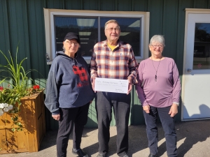 The Reedsburg Webb High School Class of 1963 donated $1,610 to the Reedsburg Area Food Pantry. Seen here are class representatives, from left, Donna Hahn, Jim Garske and Marilyn Stevens. The donation was made during the class’s most recent reunion. It was also part of a Thriven Financial Action Team Project. (Submitted photo)