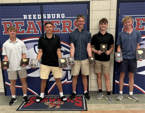 The Reedsburg Beaver boys tennis team held its awards banquet last week although WIAA Tournament play will be going on this week. Pictured from left to right are; Rylan Brooks (Rookie of the Year and Most Improved), Brady Rist (Most Impactful teammate and Captains Award), Mason Siedschlag (Coaches Award and Captains Award), Tristan Kuhls (Captains Award), Jack Meyer (Captains Award and MVP). The Beavers finished second in the Badger Small overall standings and won 15 dual matches this season. (School Distri