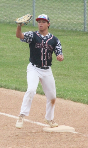 Amir Said lines a base hit last week for the Reedsburg Summer High School baseball team in action against Richland Center at Nishan Park. (Photo by Troy Matz)