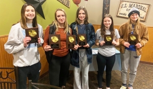 The Weston Silver Eagle girls basketball team celebrated its season with an awards banquet recently. Coach Tammy Braun’s team award winners include, from left to right, Aliva Koch (Best Defensive Player), Allison Gillmore (Best Offensive Player, MVP, All-Conference Honorable Mention), Aubri Koch (Coaches Award), Keeli Copus (Best Teammate, All-Conference Sportsmanship Award) and Jasmine Meyer (Most Improved Player). Not pictured is Taylor Olson (All-Conference Honorable Mention). Coach Brett Keller has anno